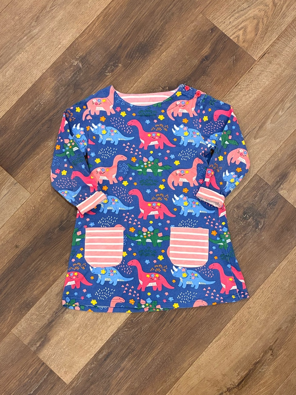 Blue Dinosaur Dress Pockets Flowers Animals 6/7 Girl